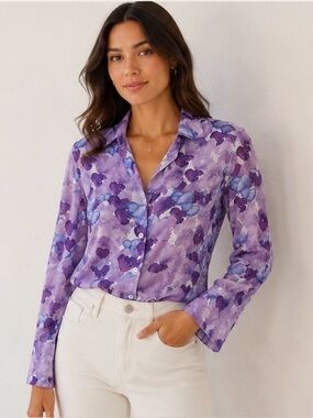 Purple Silk Heart-Print Button-Up Top